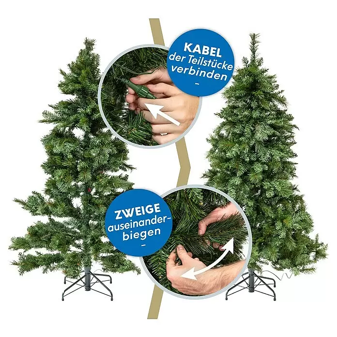 Künstlicher Weihnachtsbaum Mesa - Höhe: 210 cm, Grün, LED-Beleuchtung - Aufbau eines künstlichen Weihnachtsbaums: Kabel verbinden und grüne Zweige für volle Optik auseinanderbiegen.