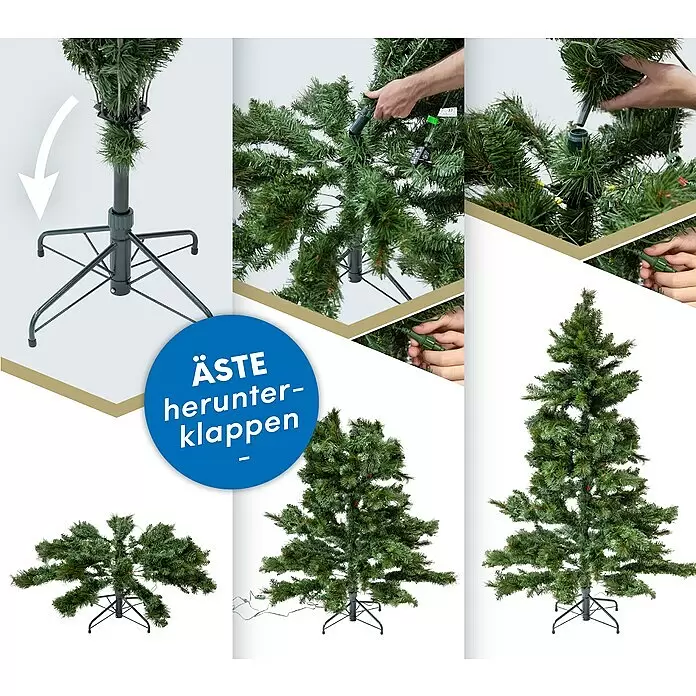 Künstlicher Weihnachtsbaum Mesa - Höhe: 210 cm, Grün, LED-Beleuchtung - Anleitung zur Montage eines grünen künstlichen Weihnachtsbaums, mit dem Entfalten der Äste und dem Anschließen der integrierten Lichter.
