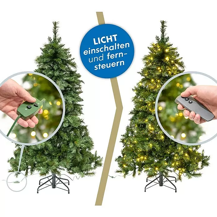 Künstlicher Weihnachtsbaum Mesa - Höhe: 210 cm, Grün, LED-Beleuchtung - Künstlicher Weihnachtsbaum mit vorinstallierter Beleuchtung, steuerbar mit Kabel-Schalter und Funkfernbedienung.