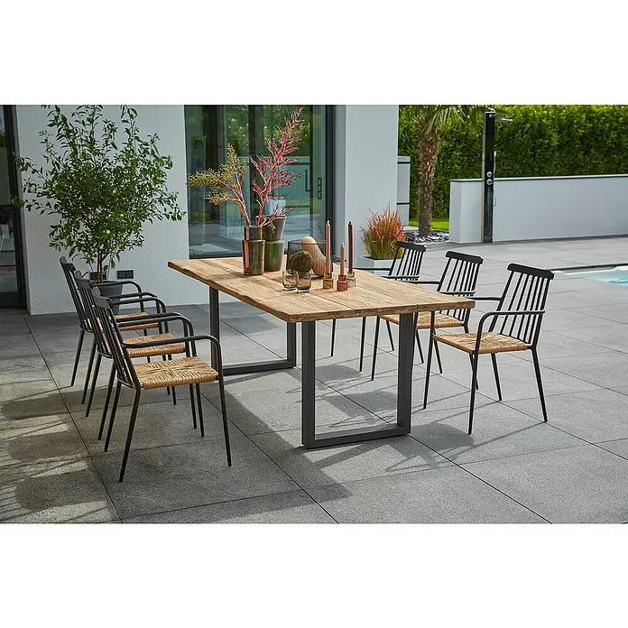 Sunfun Gartenmöbel-Set Eva - 8 -tlg., Baumkante/U-Gestell, Teak/Edelstahl/Rattan, Teak/Grau/Naturbraun - Stilvoller Esstisch mit sechs passenden Stühlen im Außenbereich. Das Set besticht durch sein modernes Design und die hochwertige Verarbeitung.