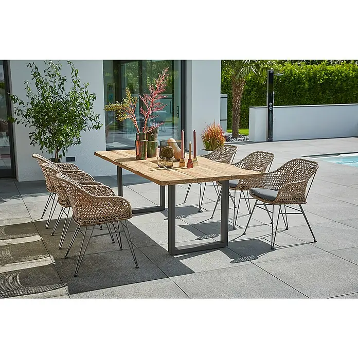 Sunfun Maja Gartenmöbel-Set - 8 -tlg., Baumkante/U-Gestell, Teak/Edelstahl/Stahl/PE-Geflecht, Teak/Grau/Braun - Stilvoller Esstisch mit sechs Korbstühlen für den Außenbereich, ideal für Garten oder Terrasse.