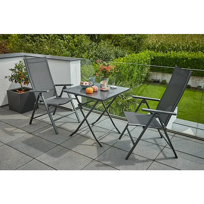 Sunfun Maja Balkontisch - L x B x H: 70 x 70 x 71 cm, Stahl, Klappbar, Eckig, Anthrazit - Balkonmöbelset mit Klapptisch und zwei Stühlen in Grau, ideal für entspannte Stunden im Freien. Elegantes Design für Balkon oder Terrasse.