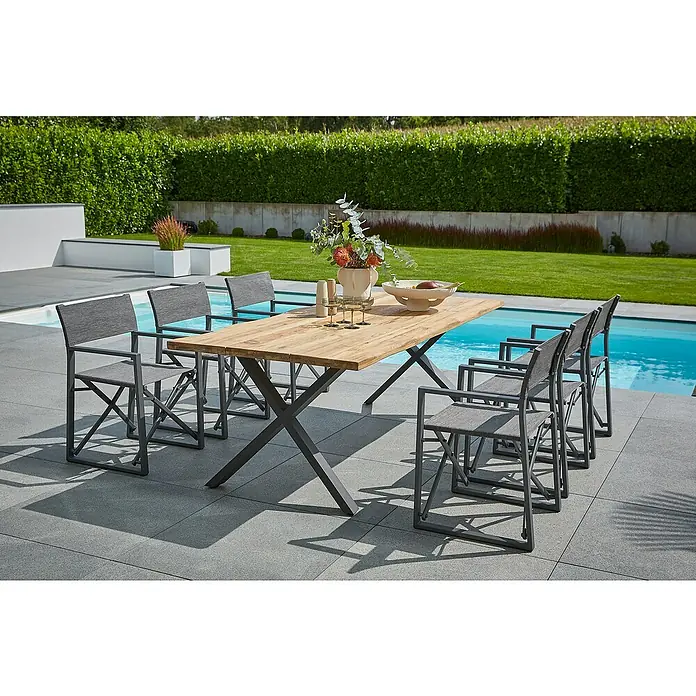 Sunfun Maja Gartenmöbel-Set - 8 -tlg., Baumkante/X-Gestell, Teak/Edelstahl/Aluminium/Textilen, Teak/Grau/Anthrazit - Einladender Essbereich im Freien mit einem Holztisch und grauen Stühlen, perfekt für Mahlzeiten im Freien.