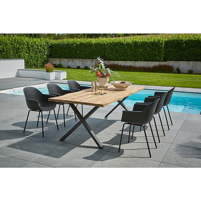 Sunfun Gartenmöbel-Set My (8 -tlg., Baumkante/X-Gestell, Teak/Edelstahl/Kunststoff, Teak/Grau/Schwarz) | BAUHAUS