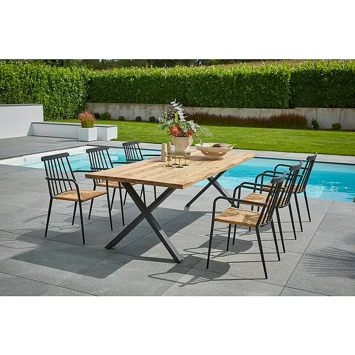 Sunfun Gartenmöbel-Set Eva - 8 -tlg., Baumkante/X-Gestell, Teak/Edelstahl/Rattan, Teak/Grau/Naturbraun - Ein stilvoller Esstisch mit Stühlen im Freien, ideal für Mahlzeiten im Garten. Das Set besticht durch sein modernes Design und die hochwertige Verarbeitung.
