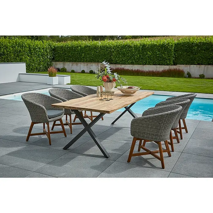 Sunfun Pauline Gartenmöbel-Set - 8 -tlg., Baumkante/X-Gestell, Teak/Edelstahl/Akazie, Teak/Grau/Braun - Elegante Gartengarnitur mit Esstisch und sechs Stühlen für stilvolle Outdoor-Momente. Perfekt für Garten oder Terrasse.