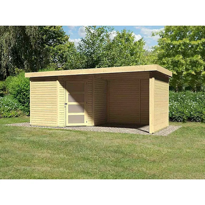 Karibu Gartenhaus Schwandorf 5 - Außenmaß inkl. Dachüberstand (B x T): 529,5 x 262 cm, Holz, Natur, Mit Anbaudach, Seiten- und Rückwand - Geräumiges Gartenhaus mit praktischem Anbau für zusätzlichen Stauraum im Freien. Ideal für Gartenwerkzeuge und mehr.