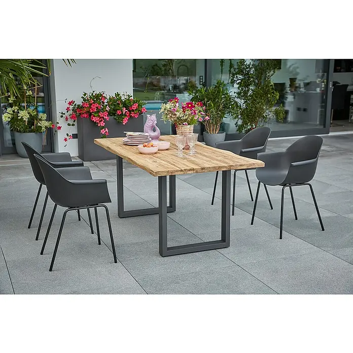 Sunfun Gartenmöbel-Set My - 6 -tlg., Baumkante/U-Gestell, Teak/Edelstahl/Kunststoff, Teak/Grau/Schwarz - Rustikaler Holztisch mit stilvollen grauen Stühlen für den Außenbereich, ideal für Garten und Terrasse.