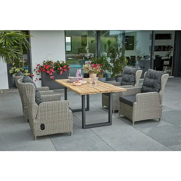 Sunfun Pauline Gartenmöbel-Set - 6 -tlg., Baumkante 180 cm / U-Gestell, Teak/Edelstahl/Polyrattan, Teak/Grau - Gartenmöbelset mit Rattansesseln und Holztisch für den Außenbereich, ideal für entspannte Stunden im Garten oder auf der Terrasse.