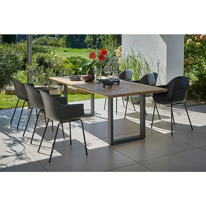 Sunfun Gartenmöbel-Set My - 8 -tlg., Schweizer-Kante/U-Gestell, Teak/Edelstahl/Kunststoff, Teak/Grau/Schwarz - Einladender Essbereich im Freien mit einem stilvollen Holztisch und bequemen schwarzen Stühlen. Perfekt für Mahlzeiten im Garten.