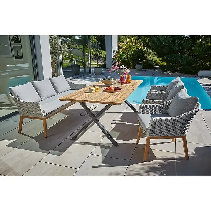 Sunfun Garten-Tischplatte - L x B: 220 x 100 cm, Teak, Schweizer Kante - Einladende Gartensitzgruppe mit Holztisch, Bank und Stühlen mit hellgrauen Kissen für entspannte Stunden im Freien.