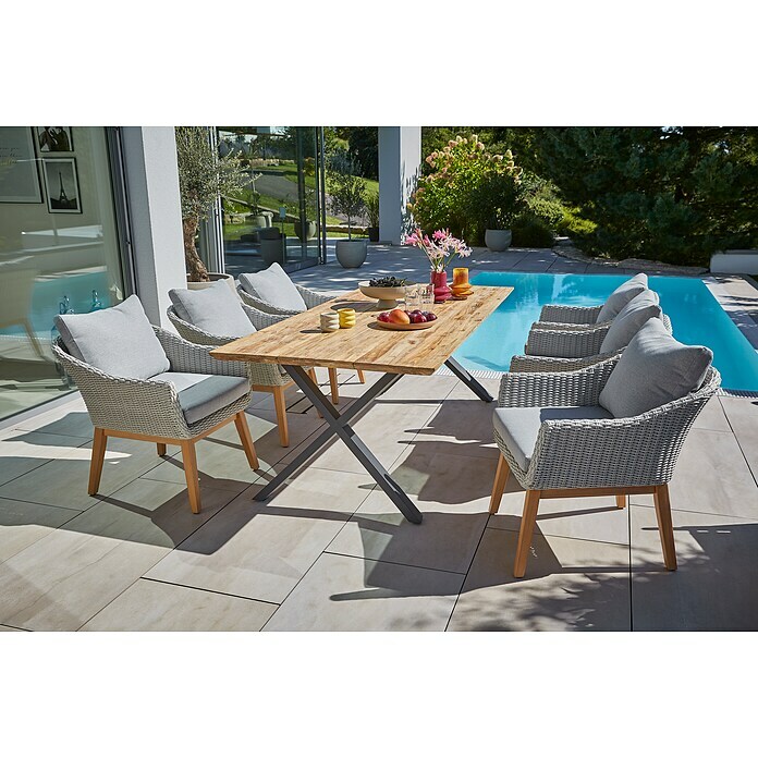 Sunfun Paula Gartenmöbel-Set XL (8 -tlg., Schweizer-Kante/X-Gestell, Teak/Edelstahl/Polyrattan/Aluminium, Teak/Grau/Naturbraun) | BAUHAUS