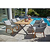 Sunfun Paula Gartenmöbel-Set XL (8 -tlg., Schweizer-Kante/X-Gestell, Teak/Edelstahl/Polyrattan/Aluminium, Teak/Grau/Naturbraun) | BAUHAUS