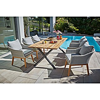 Sunfun Paula Gartenmöbel-Set XL (8 -tlg., Schweizer-Kante/X-Gestell, Teak/Edelstahl/Polyrattan/Aluminium, Teak/Grau/Naturbraun)