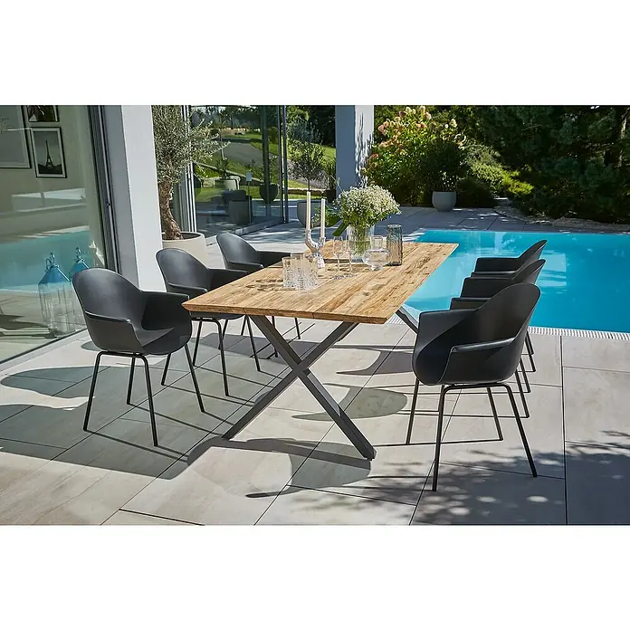 Sunfun Gartenmöbel-Set My - 8 -tlg., Schweizer-Kante/X-Gestell, Teak/Edelstahl/Kunststoff, Teak/Grau/Schwarz - Stilvoller Esstisch im Freien mit sechs schwarzen Stühlen, perfekt für Mahlzeiten im Garten oder auf der Terrasse. Das moderne Design bereichert jeden Außenbereich.