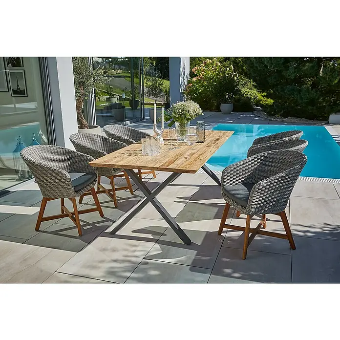 Sunfun Pauline Gartenmöbel-Set - 8 -tlg., Schweizer-Kante/X-Gestell, Teak/Edelstahl/Akazie, Teak/Grau/Braun - Gartentisch mit Rattanstühlen.