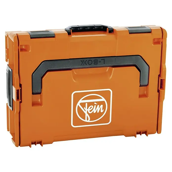 Fein MultiMaster Elektro-Multifunktionswerkzeug Multimaster MM500 Plus Professional Set L-Boxx - 350 W, STARLOCK-Plus-System - Fein L-Boxx Werkzeugkoffer in Orange mit schwarzem Griff und Fein-Logo, ideal für den Transport und die Aufbewahrung von Werkzeugen.