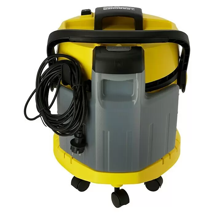 Kärcher Lava-aspirador SE 4002 - 1.400 kW, Volumen de recipiente: 4 l - Aspiradora Kärcher de líquidos y sólidos amarilla y gris con cable de alimentación enrollado al lado, sobre ruedas negras.