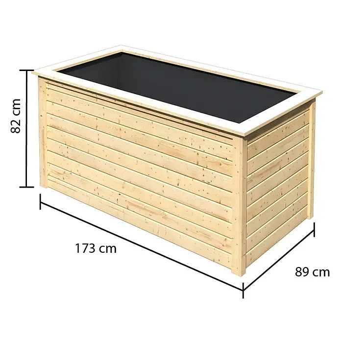 Karibu Hochbeet 2 - 173 x 89 x 82 cm, Holz, Natur - Abbildung eines rechteckigen Holz-Pflanzgefäßes mit den Maßen 173 cm Länge, 89 cm Breite und 82 cm Höhe.