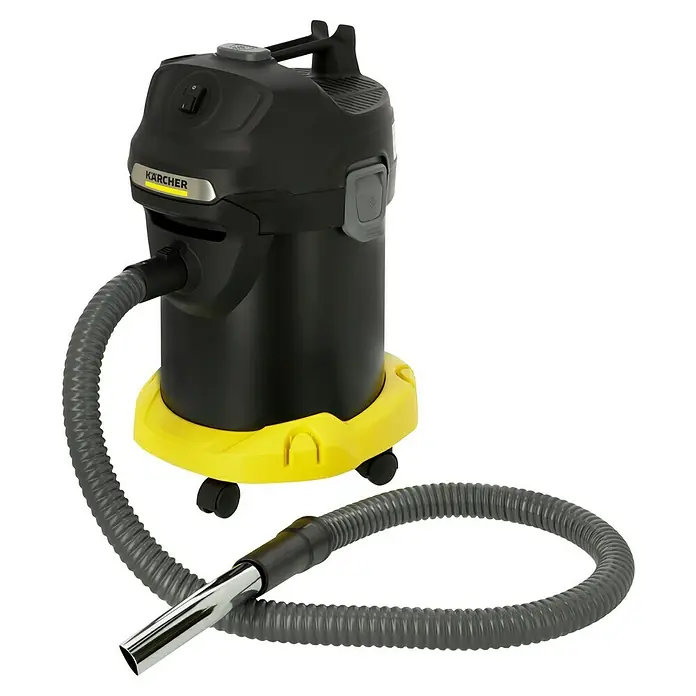 Kärcher Elektro-Aschesauger AD 4 Premium - 600 W, Behältervolumen: 17 l, Ohne Beutel - Hier ist ein Nass- und Trockensauger von Kärcher in Schwarz und Gelb mit einem grauen Schlauch und einer silbernen Düse, perfekt für vielfältige Reinigungsaufgaben.