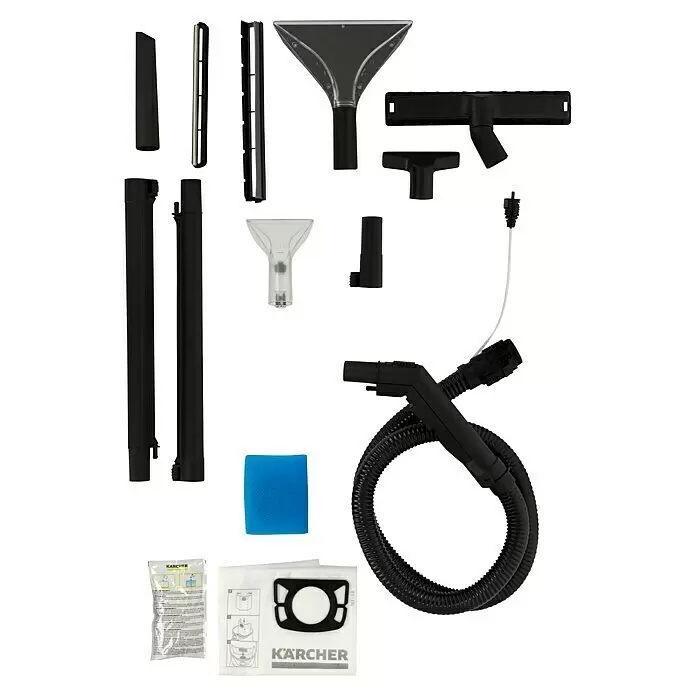 Kärcher Lava-aspirador SE 4002 - 1.400 kW, Volumen de recipiente: 4 l - Accesorios negros para aspiradora: boquillas, tubos de extensión, una manguera, un filtro de espuma azul y bolsas Kärcher.