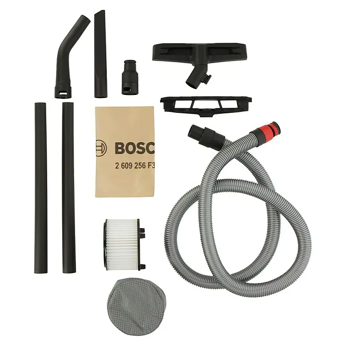 Bosch Elektro-Nass- & Trockensauger AdvancedVac 201.200 W, Behältervolumen: 20 l - Verschiedene Staubsaugerzubehörteile von Bosch, darunter Düsen, Filter, Schläuche und eine Bedienungsanleitung.