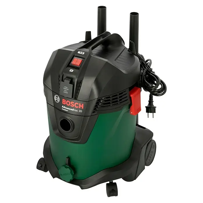 Bosch Elektro-Nass- & Trockensauger AdvancedVac 201.200 W, Behältervolumen: 20 l - Das Bild zeigt einen Bosch AdvancedVac 20 Staubsauger in Grün und Schwarz, ein leistungsstarkes Reinigungsgerät für vielfältige Anwendungen.