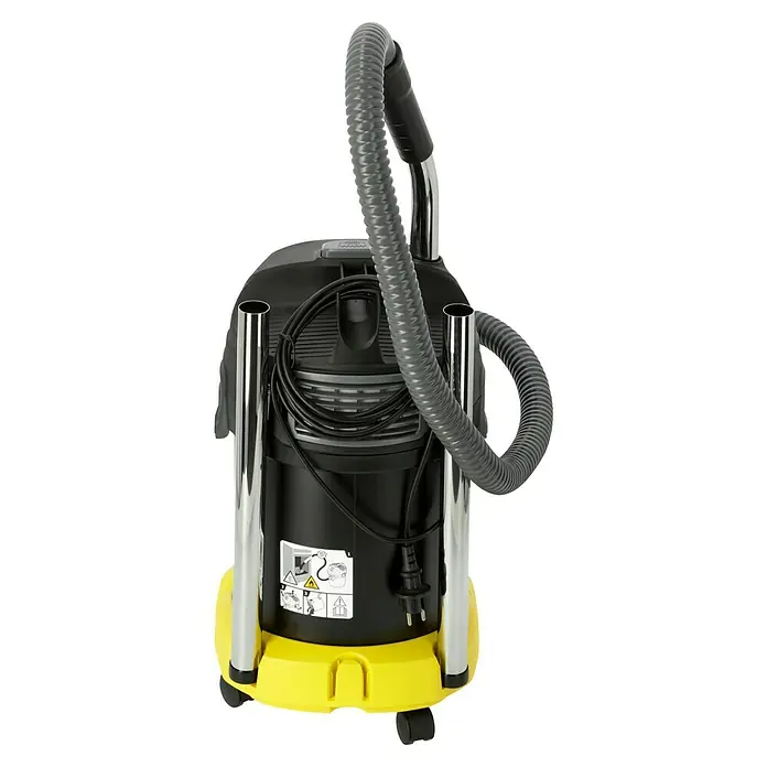 Kärcher Elektro-Aschesauger AD 4 Premium - 600 W, Behältervolumen: 17 l, Ohne Beutel - Abbildung eines gelb-schwarzen Staubsaugers mit grauem Schlauch und Netzkabel. Hervorzuheben sind die Staubsaugerdetails.