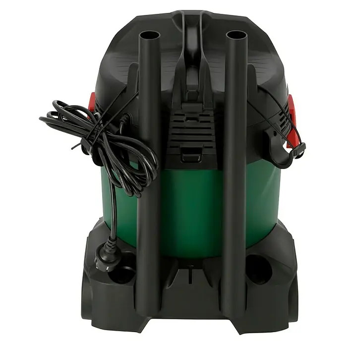 Bosch Elektro-Nass- & Trockensauger AdvancedVac 201.200 W, Behältervolumen: 20 l - Rückansicht eines schwarzen und grünen Nass- und Trockensaugers, der auf einem schwarzen Hintergrund steht.