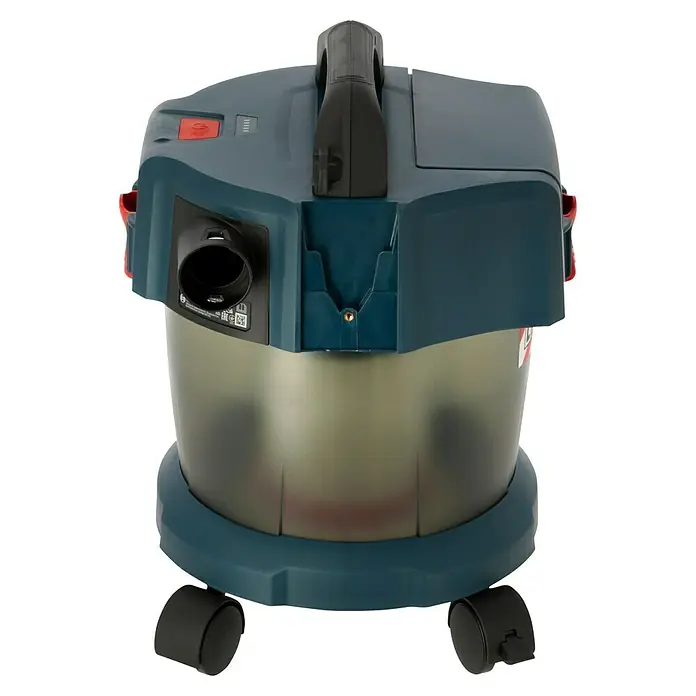 Bosch Professional AMPShare 18V Akku-Nass-Trockensauger GAS 18V-10 L Kit - 18 V, Ohne Akku, Behältervolumen: 10 l - Hier ist ein Bild von einem Nass- und Trockensauger mit einem blauen Gehäuse, einem schwarzen Griff und Rädern für eine einfache Bewegung.