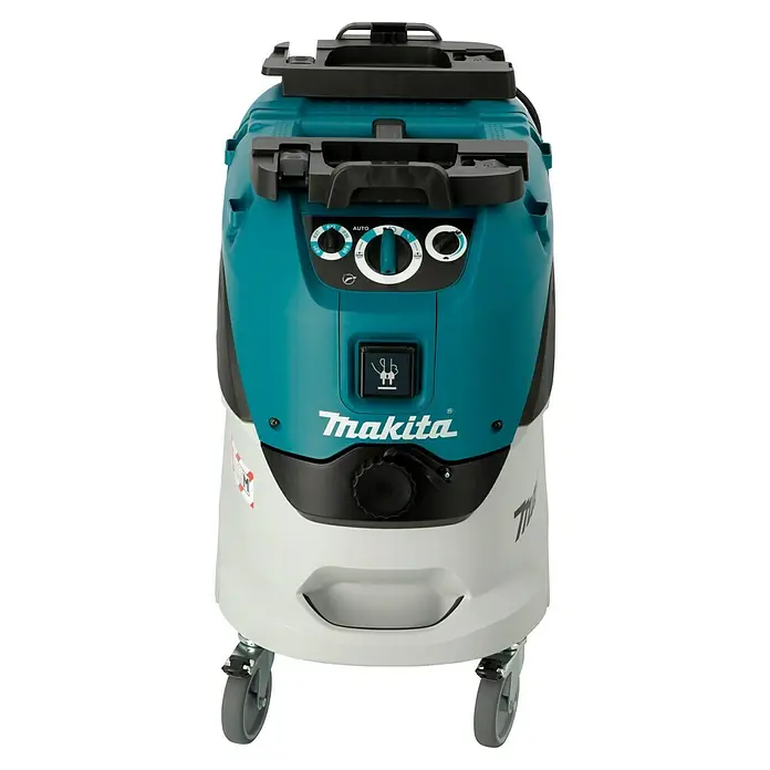Makita Elektro-Nass- & Trockensauger VC4210M - 1.200 W, Behältervolumen: 42 l, Mit Beutel - Nahaufnahme eines Makita-Staubsaugers in Türkis und Weiß.