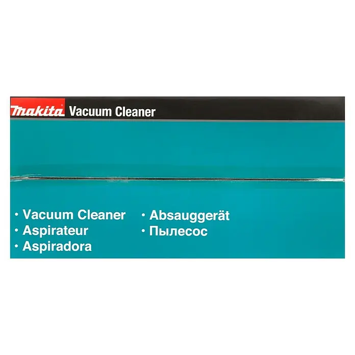 Makita Elektro-Nass- & Trockensauger VC4210M - 1.200 W, Behältervolumen: 42 l, Mit Beutel - Abbildung der Verpackung eines Makita Staubsaugers mit Produktnamen in mehreren Sprachen für den internationalen Markt.