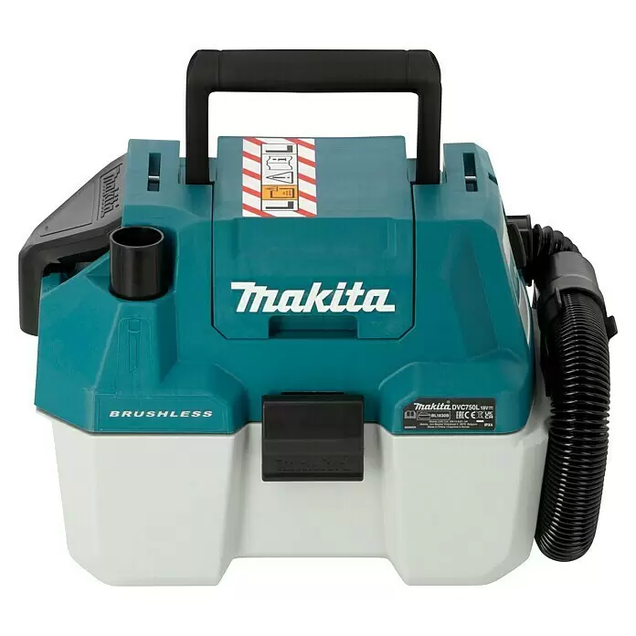 Makita LXT 18V Aspirador en seco y húmedo de batería DVC750LZX3 - 18 V, Sin batería, Volumen de recipiente: 7,5 l - Un aspirador sin cable Makita DVC750L de 18V turquesa y blanco con asa y manguera negras.