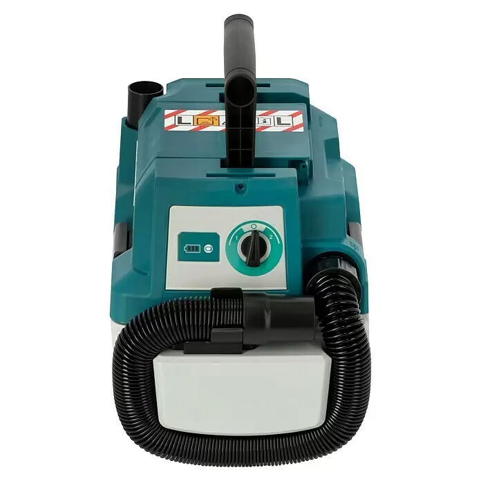 Makita LXT 18V Aspirador en seco y húmedo de batería DVC750LZX3 - 18 V, Sin batería, Volumen de recipiente: 7,5 l - Un aspirador portátil turquesa y blanco con asa negra, manguera flexible, indicador de batería y dial de potencia.