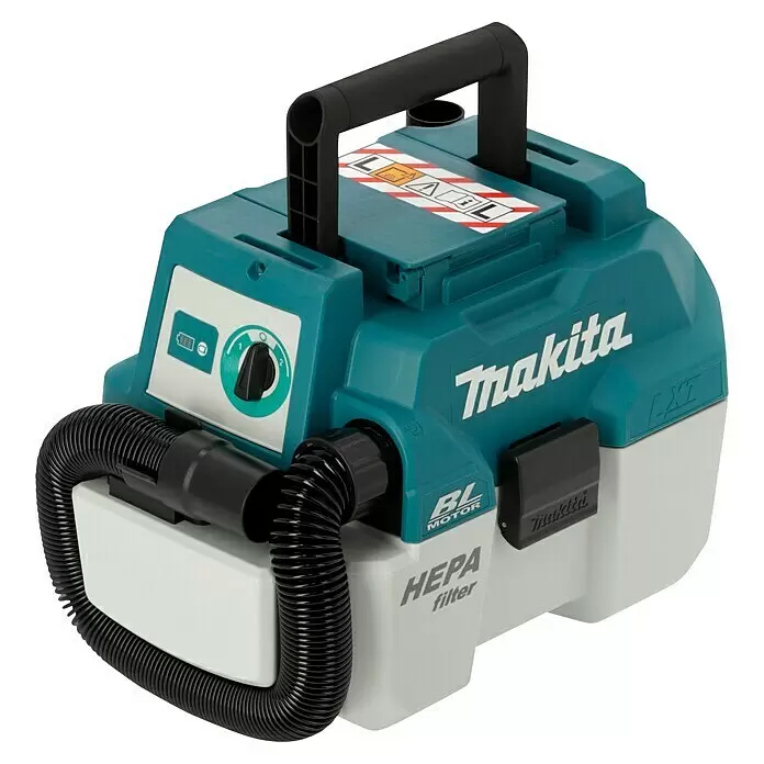 Makita LXT 18V Aspirador en seco y húmedo de batería DVC750LZX3 - 18 V, Sin batería, Volumen de recipiente: 7,5 l - Aspiradora sin cable Makita en turquesa y blanco con manguera negra, asa, motor BL, filtro HEPA, indicador de batería y dial de control.