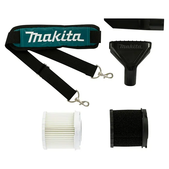 Makita LXT 18V Akku-Nass-Trockensauger DVC750LZX3 - 18 V, Ohne Akku, Behältervolumen: 7,5 l - Abgebildet ist ein Makita-Staubsauger-Zubehörset mit Schultergurt, Düsenaufsätzen und Filter. Ideal für die Reinigung verschiedener Oberflächen.