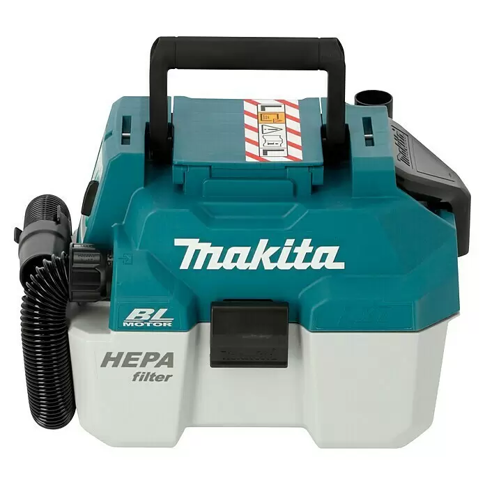 Makita LXT 18V Aspirador en seco y húmedo de batería DVC750LZX3 - 18 V, Sin batería, Volumen de recipiente: 7,5 l - Aspirador Makita compacto turquesa y blanco con manguera y asa negras, con la marca BL Motor y filtro HEPA.