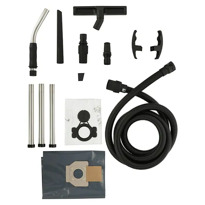 Makita Elektro-Nass- & Trockensauger VC4210M - 1.200 W, Behältervolumen: 42 l, Mit Beutel - Abgebildet ist ein Staubsauger-Zubehörset, das verschiedene Düsen, Verlängerungsrohre, einen Schlauch und Staubsaugerbeutel umfasst.