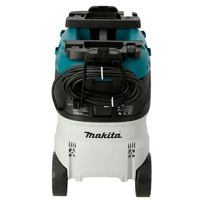 Makita Elektro-Nass- & Trockensauger VC4210M - 1.200 W, Behältervolumen: 42 l, Mit Beutel - Rückansicht eines Makita Staubsaugers mit Kabelaufwicklung und Rädern, ideal für Baustellen und Werkstätten.
