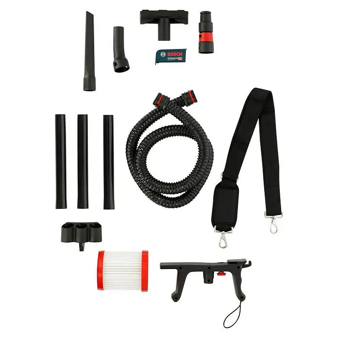 Bosch Professional AMPShare 18V Akku-Nass-Trockensauger GAS 18V-10 L Kit - 18 V, Ohne Akku, Behältervolumen: 10 l - Zubehörteile für einen Staubsauger, einschließlich Düsen, Verlängerungsrohre, Schlauch, Tragegurt, Filter und Zubehörhalterung.
