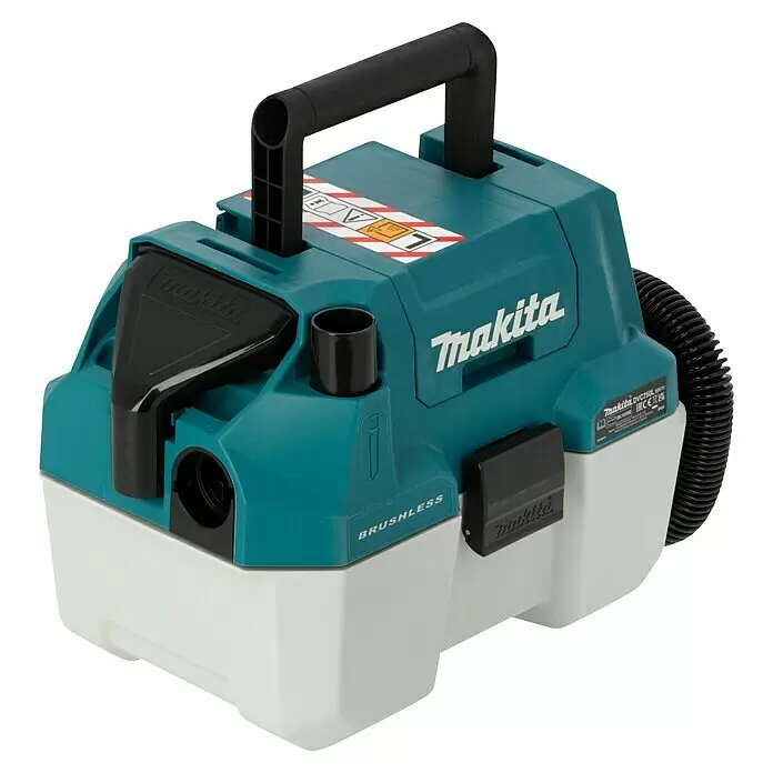 Makita LXT 18V Aspirador en seco y húmedo de batería DVC750LZX3 - 18 V, Sin batería, Volumen de recipiente: 7,5 l - Aspiradora sin cable Makita DVC750L 18V turquesa y blanca con asa y manguera negras.