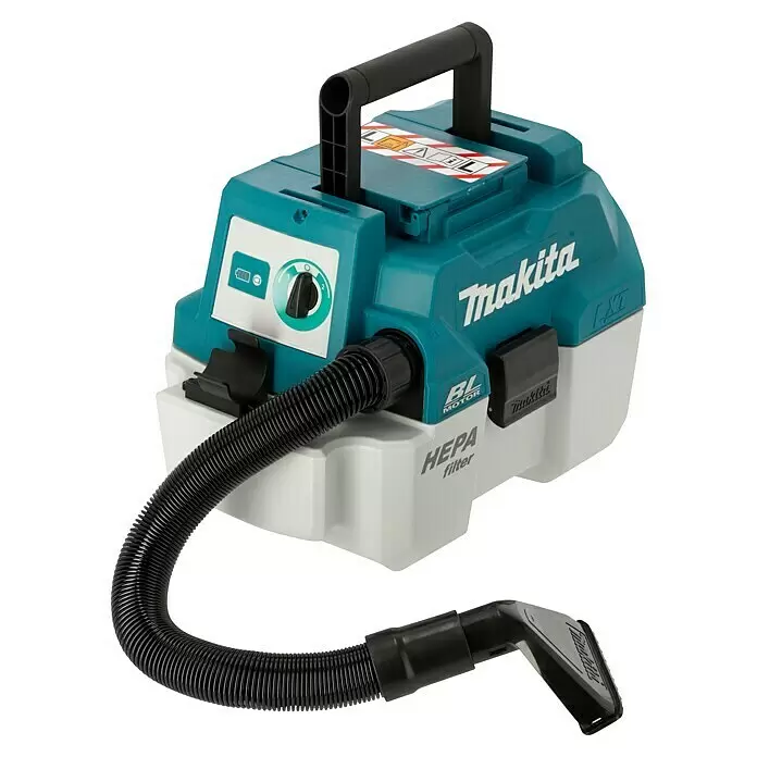 Makita LXT 18V Aspirador en seco y húmedo de batería DVC750LZX3 - 18 V, Sin batería, Volumen de recipiente: 7,5 l - Aspirador portátil Makita turquesa y blanco con manguera y boquilla negras, mostrando etiquetas BL Motor y filtro HEPA.