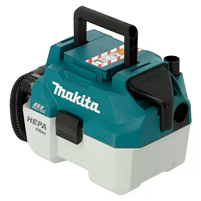 Makita LXT 18V Aspirador en seco y húmedo de batería DVC750LZX3 - 18 V, Sin batería, Volumen de recipiente: 7,5 l - Aspiradora sin cable Makita turquesa y blanca con manguera, asa negras, motor BL y filtro HEPA.