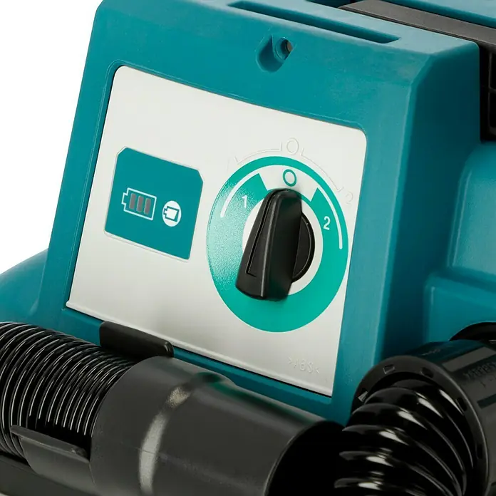 Makita LXT 18V Akku-Nass-Trockensauger DVC750LZX3 - 18 V, Ohne Akku, Behältervolumen: 7,5 l - Detailaufnahme eines tragbaren Makita-Staubsaugers mit Akkuanzeige und Geschwindigkeitsregler. Kompaktes Design für einfache Reinigung.
