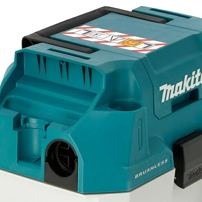 Makita LXT 18V Aspirador en seco y húmedo de batería DVC750LZX3 - 18 V, Sin batería, Volumen de recipiente: 7,5 l - Accesorio de herramienta eléctrica Makita turquesa con marca "BRUSHLESS" y una etiqueta de seguridad.