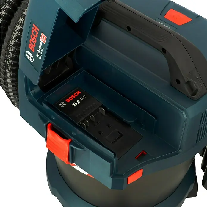 Bosch Professional AMPShare 18V Akku-Nass-Trockensauger GAS 18V-10 L Kit - 18 V, Ohne Akku, Behältervolumen: 10 l - Nahaufnahme eines Bosch GAS 18V-10 L Akku-Staubsaugers.