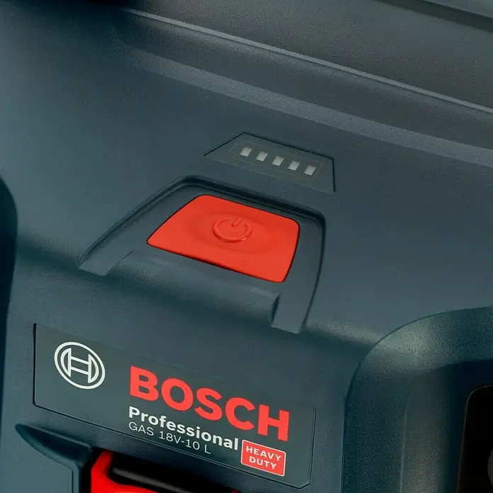 Bosch Professional AMPShare 18V Akku-Nass-Trockensauger GAS 18V-10 L Kit - 18 V, Ohne Akku, Behältervolumen: 10 l - Detailansicht einer Bosch Professional GAS 18V-10 L Akku-betriebenen Maschine mit Fokus auf den Netzschalter und die Batteriestandsanzeige.