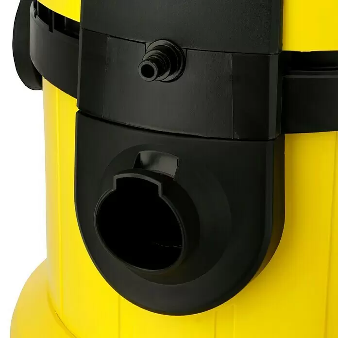 Kärcher Lava-aspirador SE 4002 - 1.400 kW, Volumen de recipiente: 4 l - Primer plano de un aspirador de líquidos y sólidos amarillo y negro, mostrando la entrada principal y conexión de manguera.