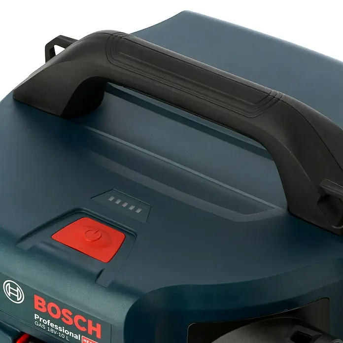 Bosch Professional AMPShare 18V Akku-Nass-Trockensauger GAS 18V-10 L Kit - 18 V, Ohne Akku, Behältervolumen: 10 l - Bild eines tragbaren Bosch-Staubsaugers GAS 18V-10 L Professional mit robustem Tragegriff und praktischen Bedienelementen.
