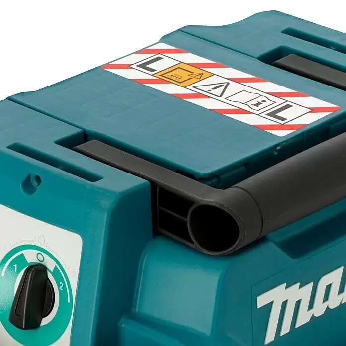 Makita LXT 18V Aspirador en seco y húmedo de batería DVC750LZX3 - 18 V, Sin batería, Volumen de recipiente: 7,5 l - Herramienta eléctrica o extractor de polvo turquesa con asa negra, dial de control y etiqueta de advertencia.